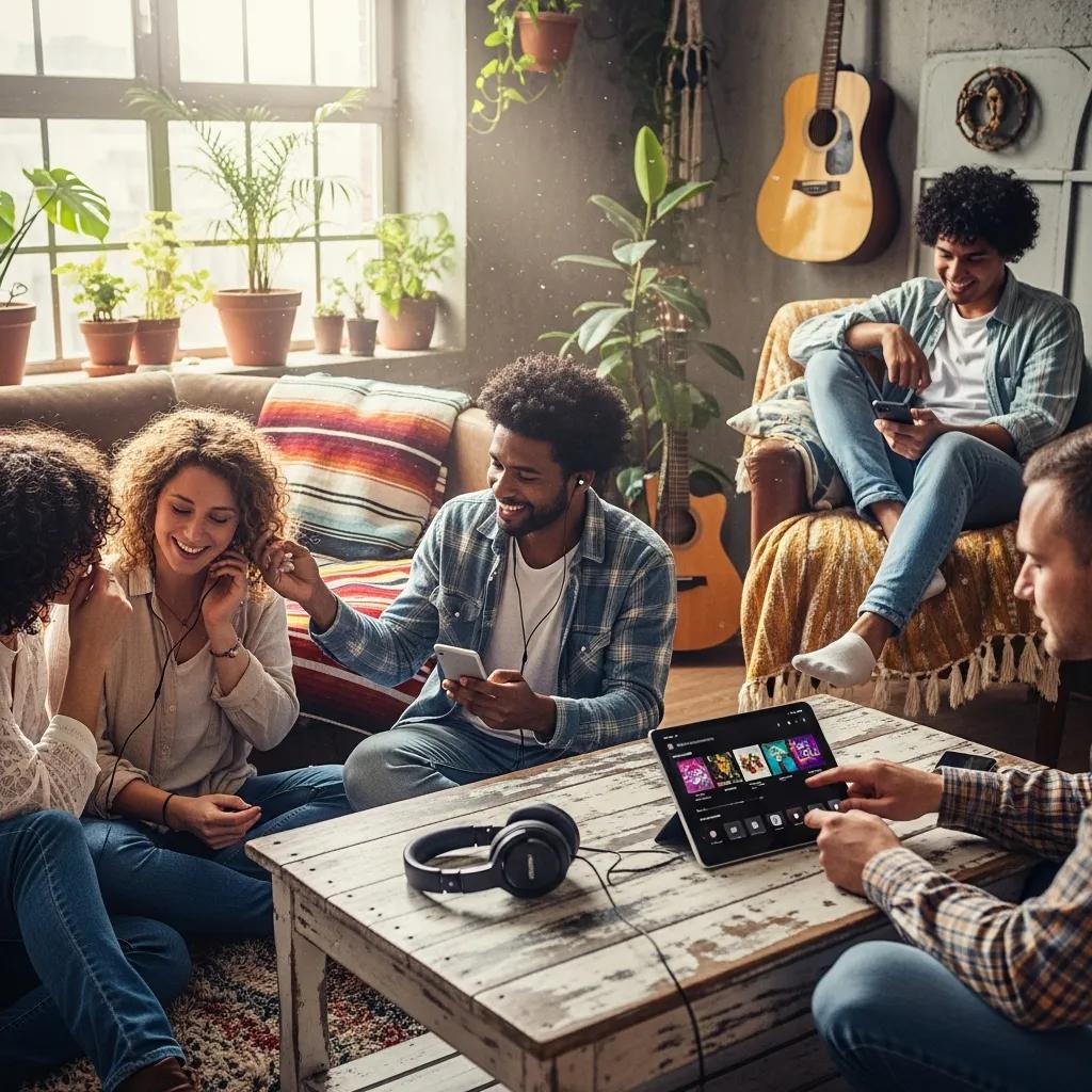 Diverse group enjoying music streaming on devices in a cozy living room, comparing music streaming