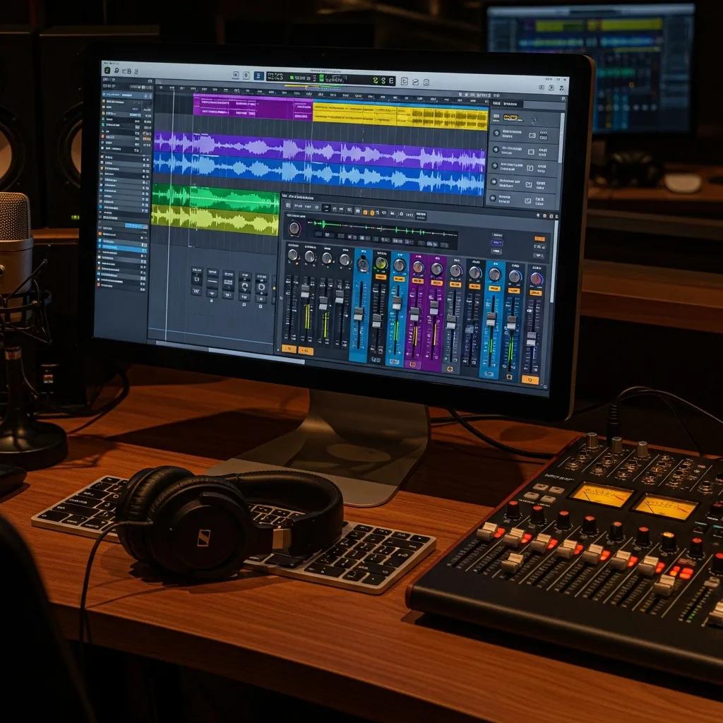 Audio mixing software tools displayed on a computer screen with mixing equipment