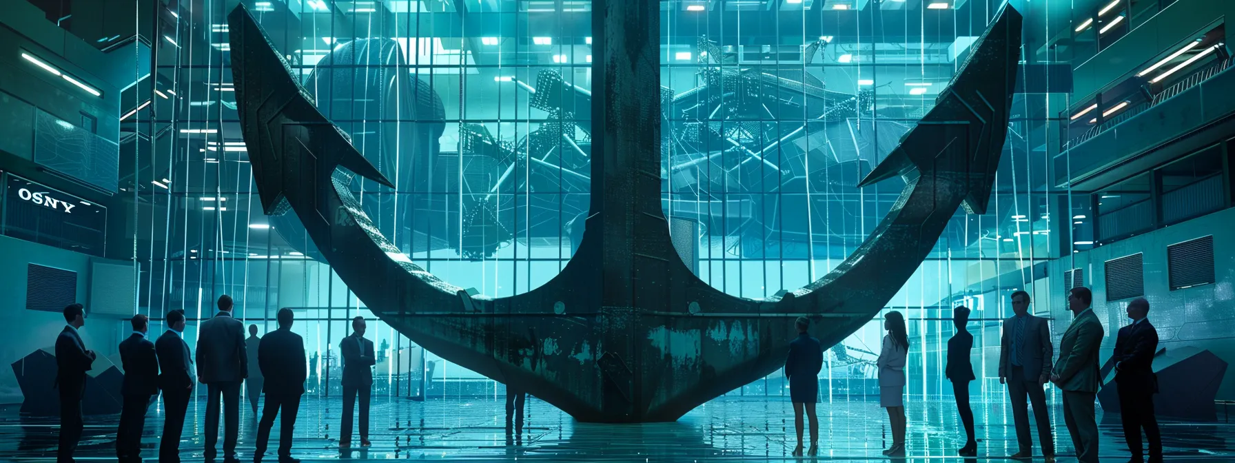 business professionals gathered around a large anchor symbol discussing performance metrics tied to top ai search platform.