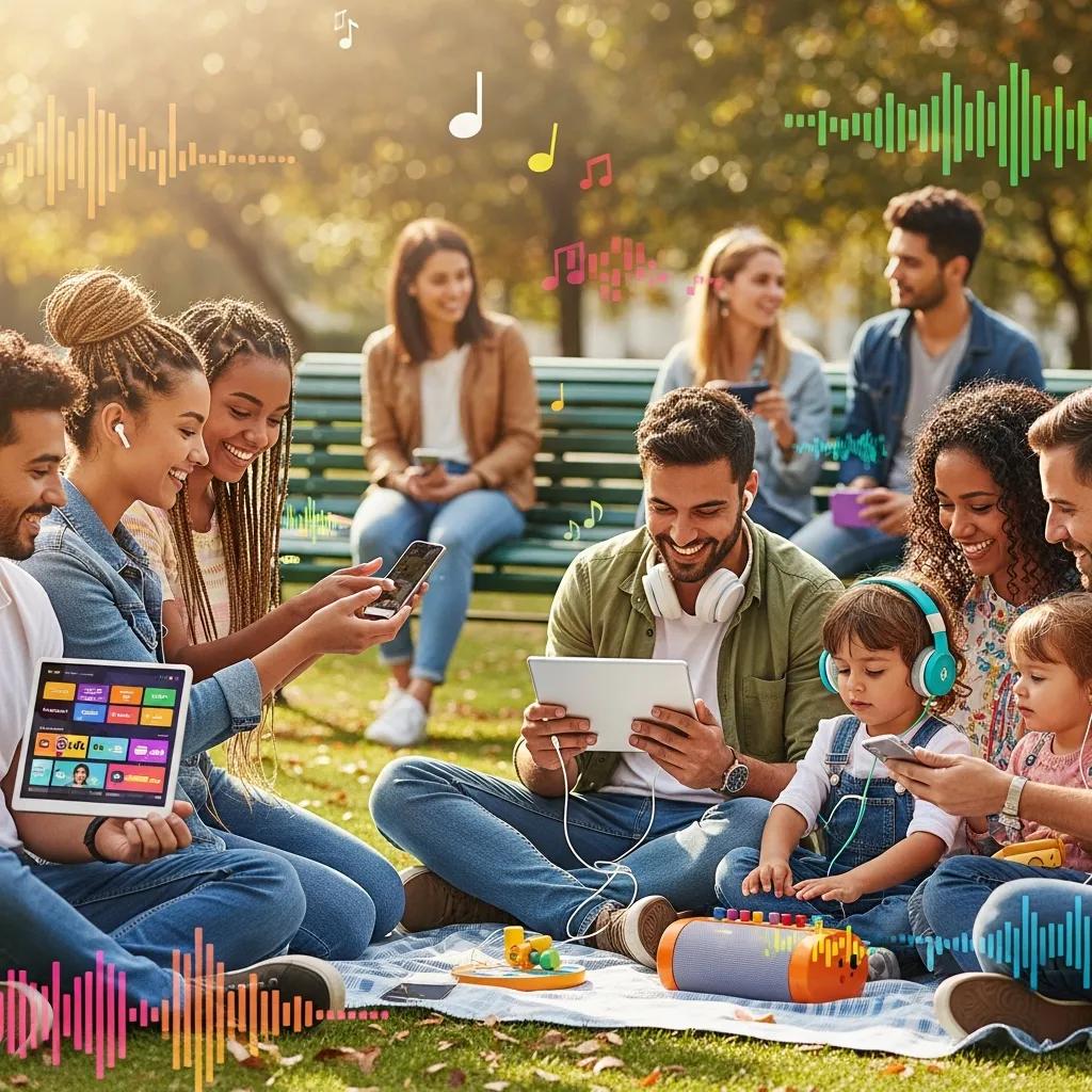 Diverse group of people enjoying music on devices, representing the joy of music streaming