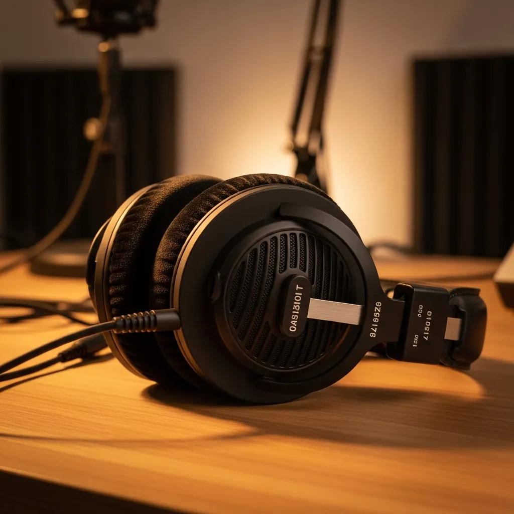 Close-up of studio headphones highlighting comfort features like soft ear pads and adjustable headband