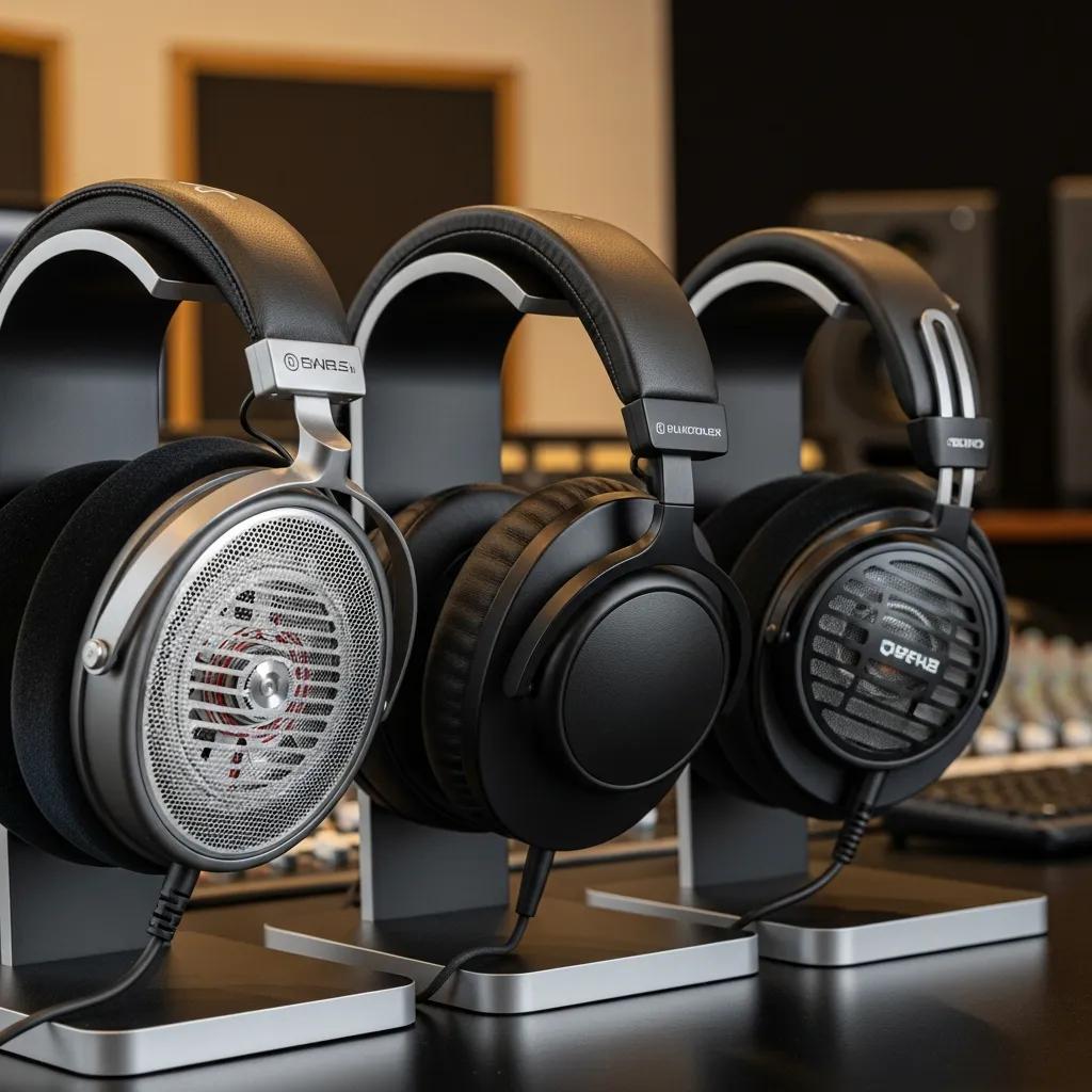 Different types of studio headphones: open back, closed back, and hybrid models displayed in a studio setting