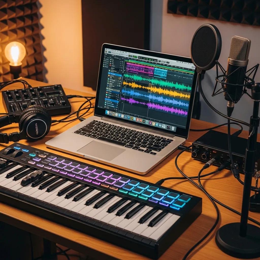 Modern music production setup with a laptop, keyboard, and microphone