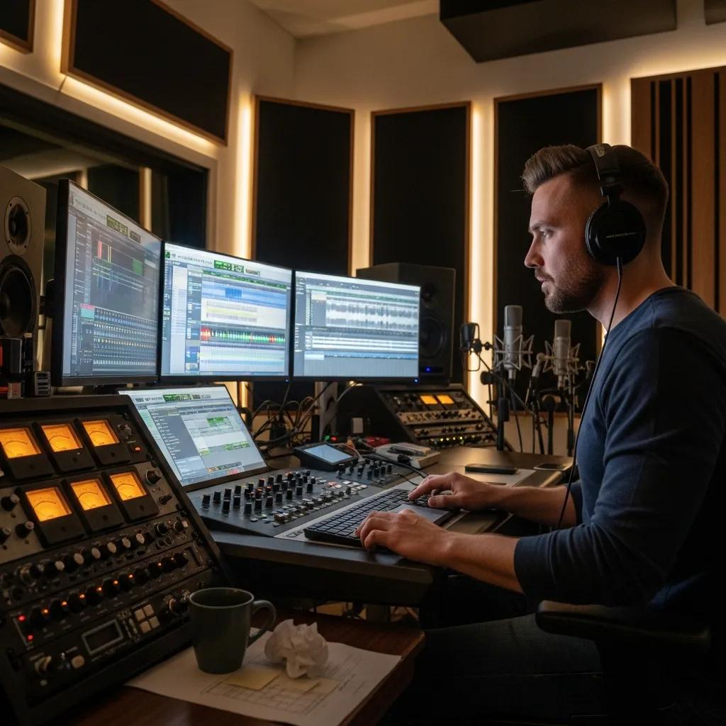 Professional audio engineer using studio headphones in a modern music mixing environment