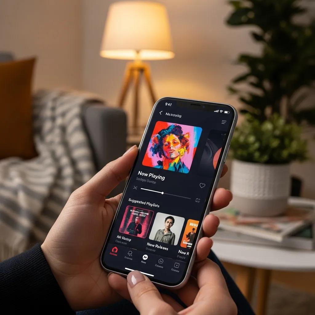 Close-up of a smartphone with music streaming app interface, highlighting user experience