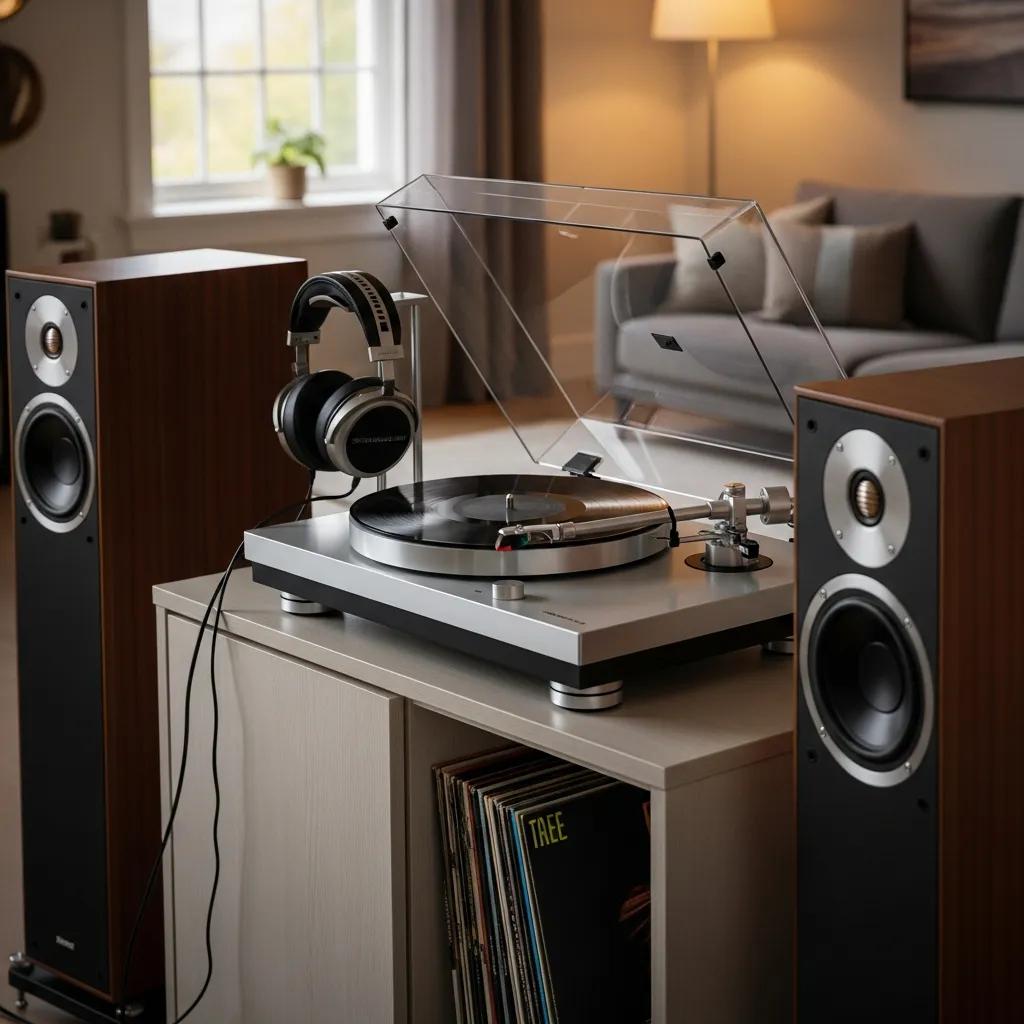 Modern audio setup with turntable and speakers, representing high-quality music streaming
