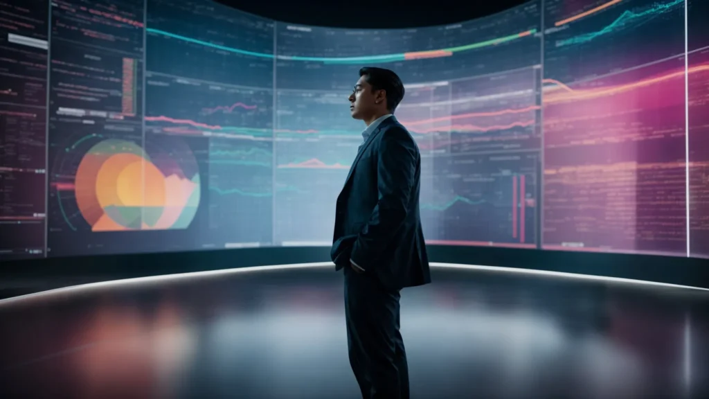 a business professional standing in front of a large digital screen displaying a complex ai interface with colorful data visualizations.