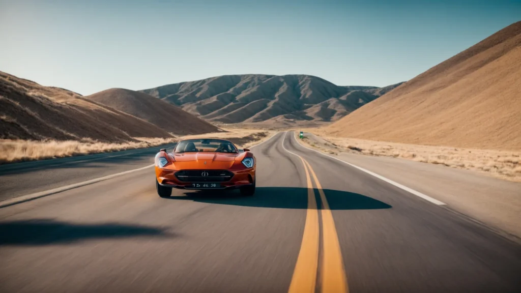 a lone car navigates an empty test track under a clear blue sky.